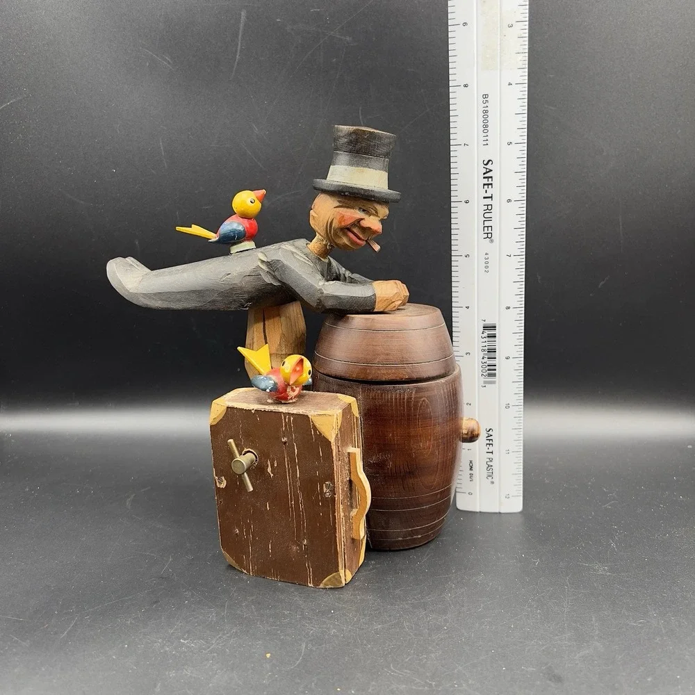 ANRI Carved Wood Drunk Man w Birds & Suitcase Music Box Barrel Cigarette‎ Holder